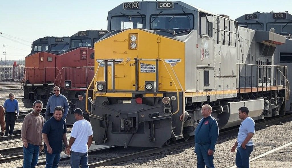 Rail yard in 2025 with EMD locomotives upheld by Unotech’s Bushing 9571921, Valve 9319735, and Roller 9571599, targeting global markets